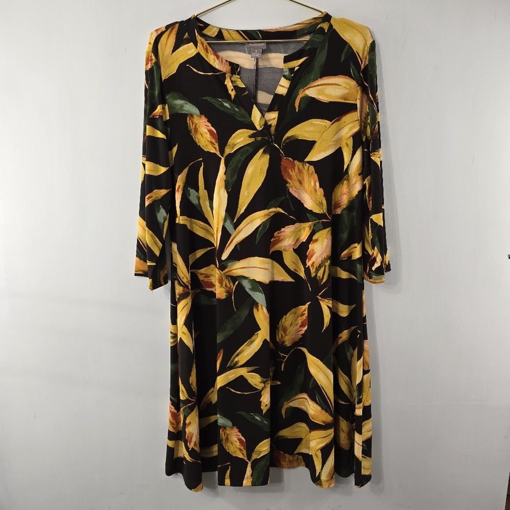Chicos Tropical Floral Flower Allover Print 3/4 Sleeve Midi Fit N Flare Dress 1